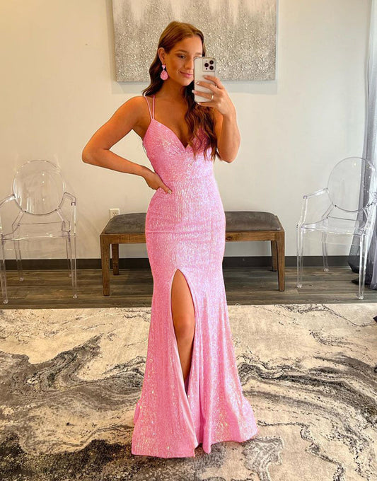 Glitter Mermaid Pink Sequins Mesh Long Prom Dress Sexy