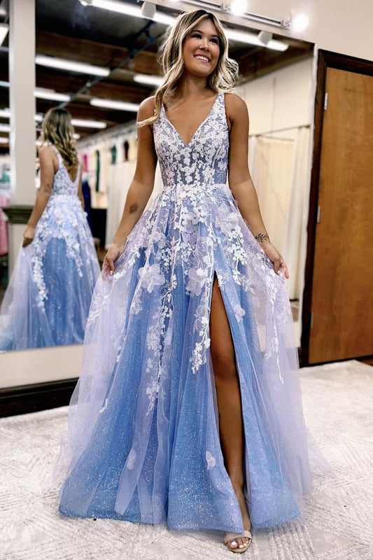 A Line Spaghetti Straps Light Blue Tulle Long Prom Dress With Slit Sexy