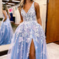 A Line Spaghetti Straps Light Blue Tulle Long Prom Dress With Slit Sexy