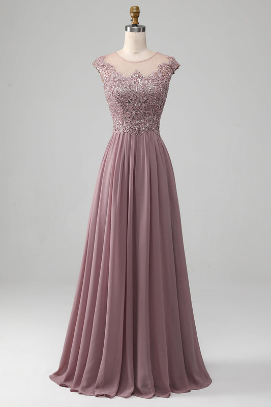 A-Line Beaded Blush Prom Dress Long Beautiful