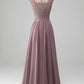 A-Line Beaded Blush Prom Dress Long Beautiful