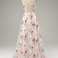 Ivory A-Line Spaghetti Straps Corset Long Flower Maxi Dress With Slit Prom Dresses