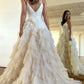 Pink A-Line Deep V Neck Tiered Long Prom Dress With Slit Sexy
