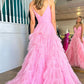 Pink A-Line Deep V Neck Tiered Long Prom Dress With Slit Sexy