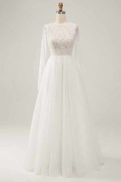 Ivory A-Line Backless Long Sleeves Long Wedding Dress with Lace Open Back