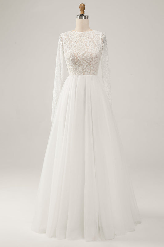 Ivory A-Line Backless Long Sleeves Long Wedding Dress with Lace Open Back