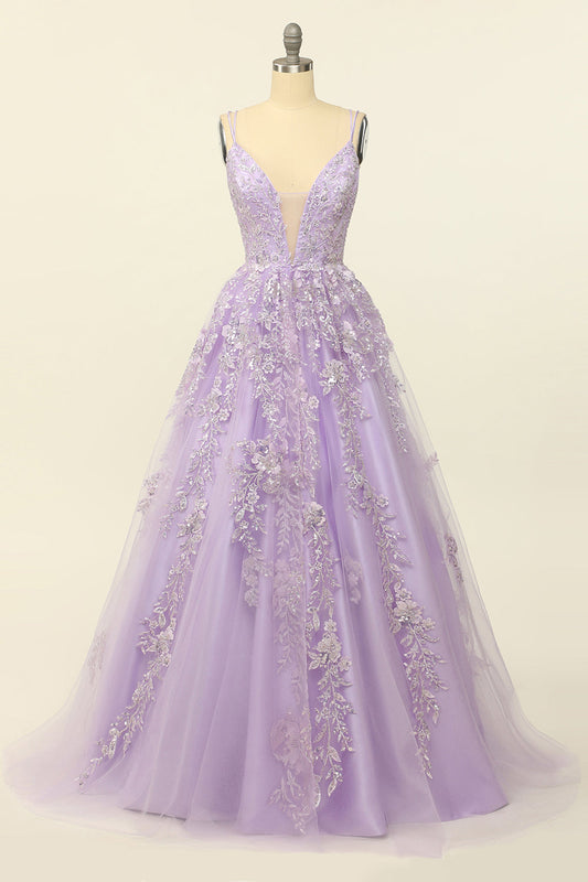 Light Purple Spaghetti Straps Prom Dress With Appliques V-neck Sexy