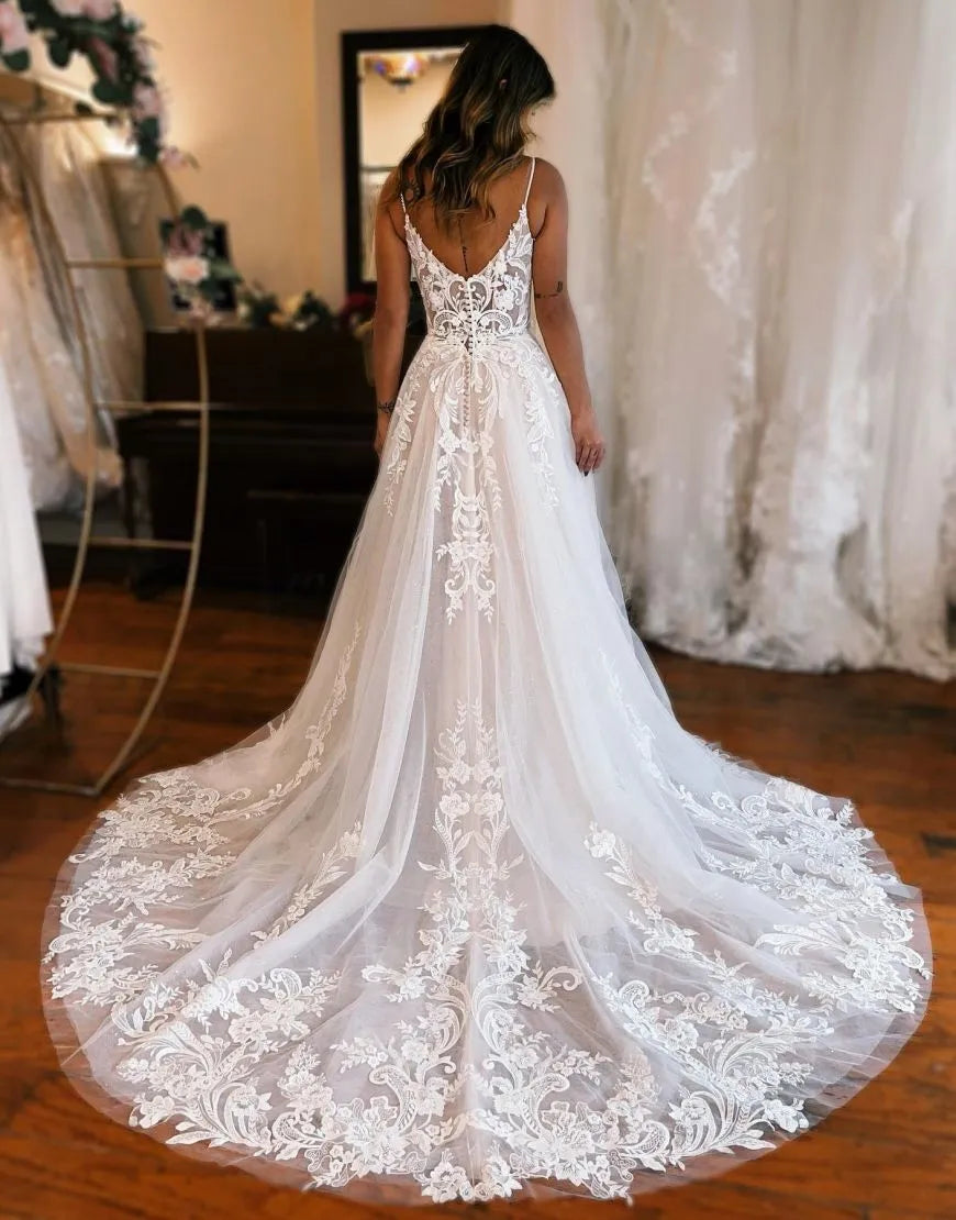A-Line Train Wedding Dress With Appliques And Split V-neck Sexy