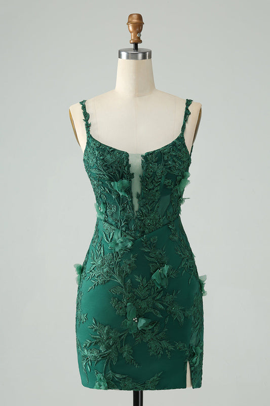 Pretty Green Bodycon Spaghetti Straps Appliques Short Homecoming Dress with Slit Sexy