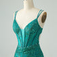 Classy Dark Green Bodycon Spaghetti Straps Corset Sequin Short Homecoming Dress Sexy
