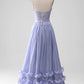 Spaghetti Straps A Line Ruffles Prom Dress with Slit Pure Color