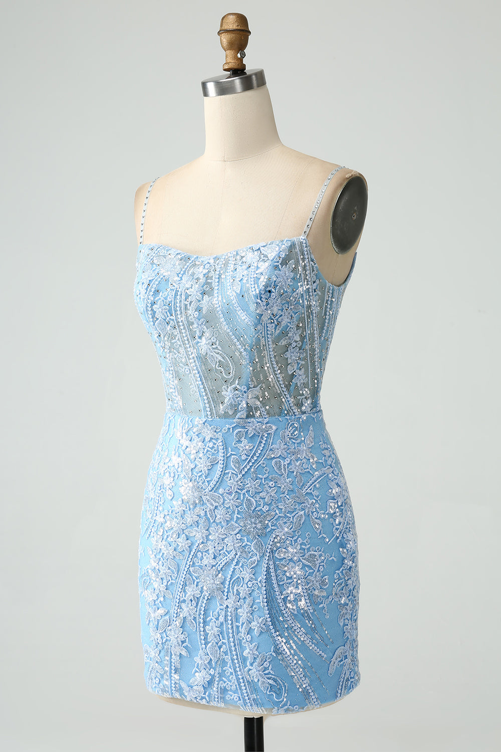 Sparkly Sky Blue Spaghetti Straps Short Homecoming Dress With Beading Sexy