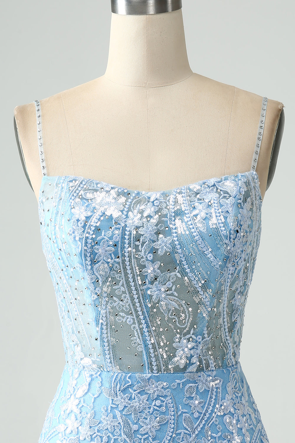 Sparkly Sky Blue Spaghetti Straps Short Homecoming Dress With Beading Sexy