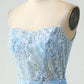 Sparkly Sky Blue Spaghetti Straps Short Homecoming Dress With Beading Sexy