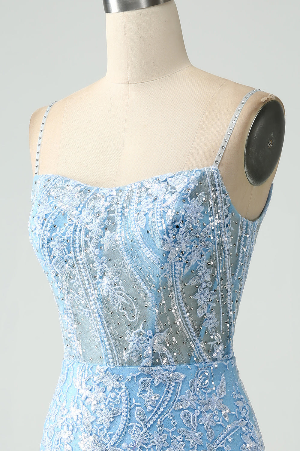 Sparkly Sky Blue Spaghetti Straps Short Homecoming Dress With Beading Sexy