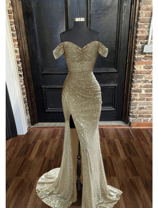 Mermaid / Trumpet Evening Gown Sparkle & Shine Dress Prom Floor Length Sleeveless Cowl Neck Sequined
