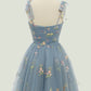 Cute Green A Line Spaghetti Straps Homecoming Dress with Embroidery With Flowers