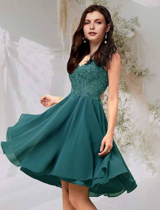 A-Line Cocktail Dresses Flirty Dress Homecoming Short / Mini Sleeveless V Neck Chiffon Backless with Beading Lace