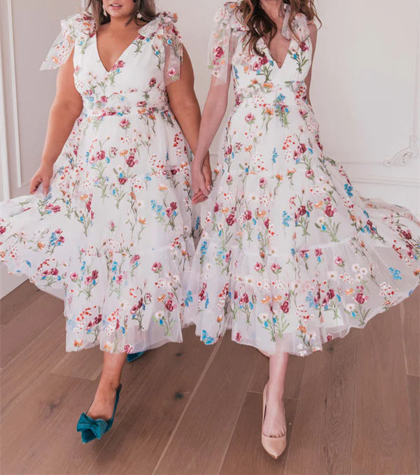 A-Line/Princess V-Neck Short Sleeves Floral Formal Party Dresses With Flowers Beautiful