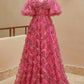 A Line Sweetheart Ruffles Sweep Train Floral Printed Chiffon Prom Dresses Beautiful