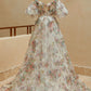 A Line Sweetheart Ruffles Sweep Train Floral Printed Chiffon Prom Dresses Beautiful