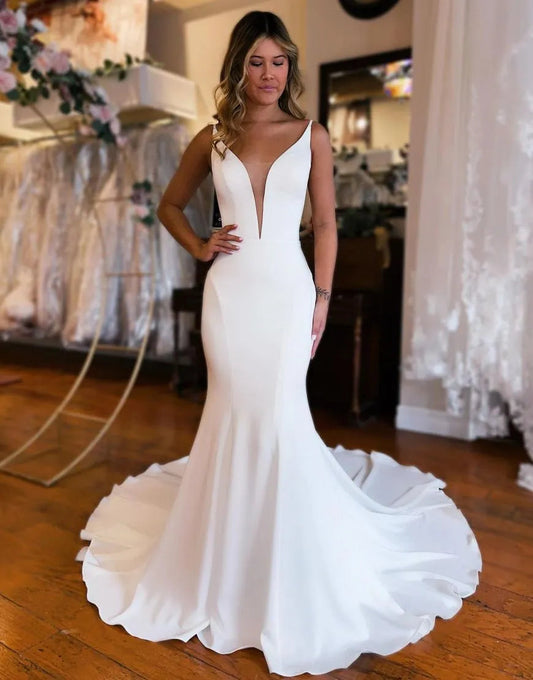 Mermaid Train Open Back Satin Wedding Dress V-neck Pure Color Sexy