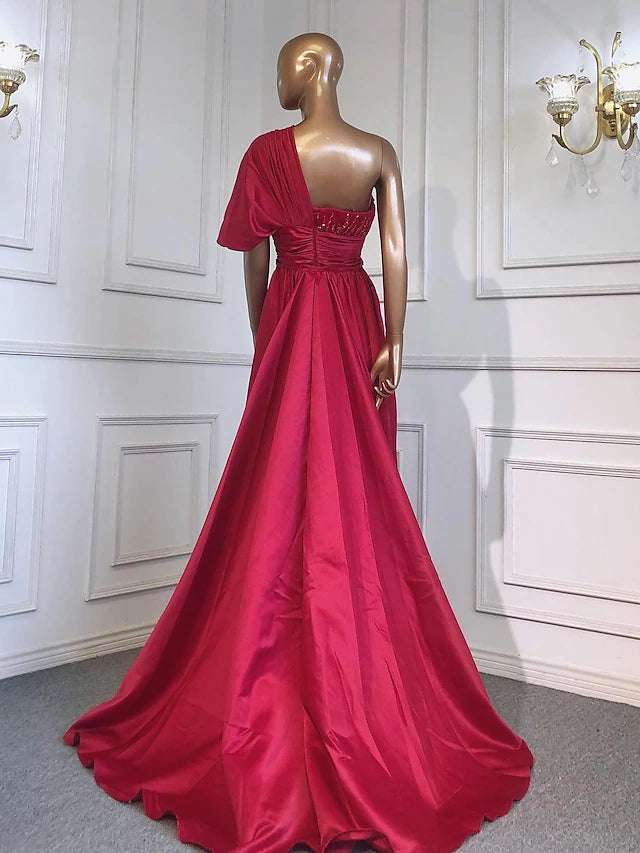 A-Line Evening Gown Luxurious Dress Formal Sweep / Brush Train Short Sleeve One Shoulder Charmeuse with Ruched