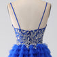 Royal Blue Spaghetti Straps Tiered Prom Dress with Sequins Beautiful