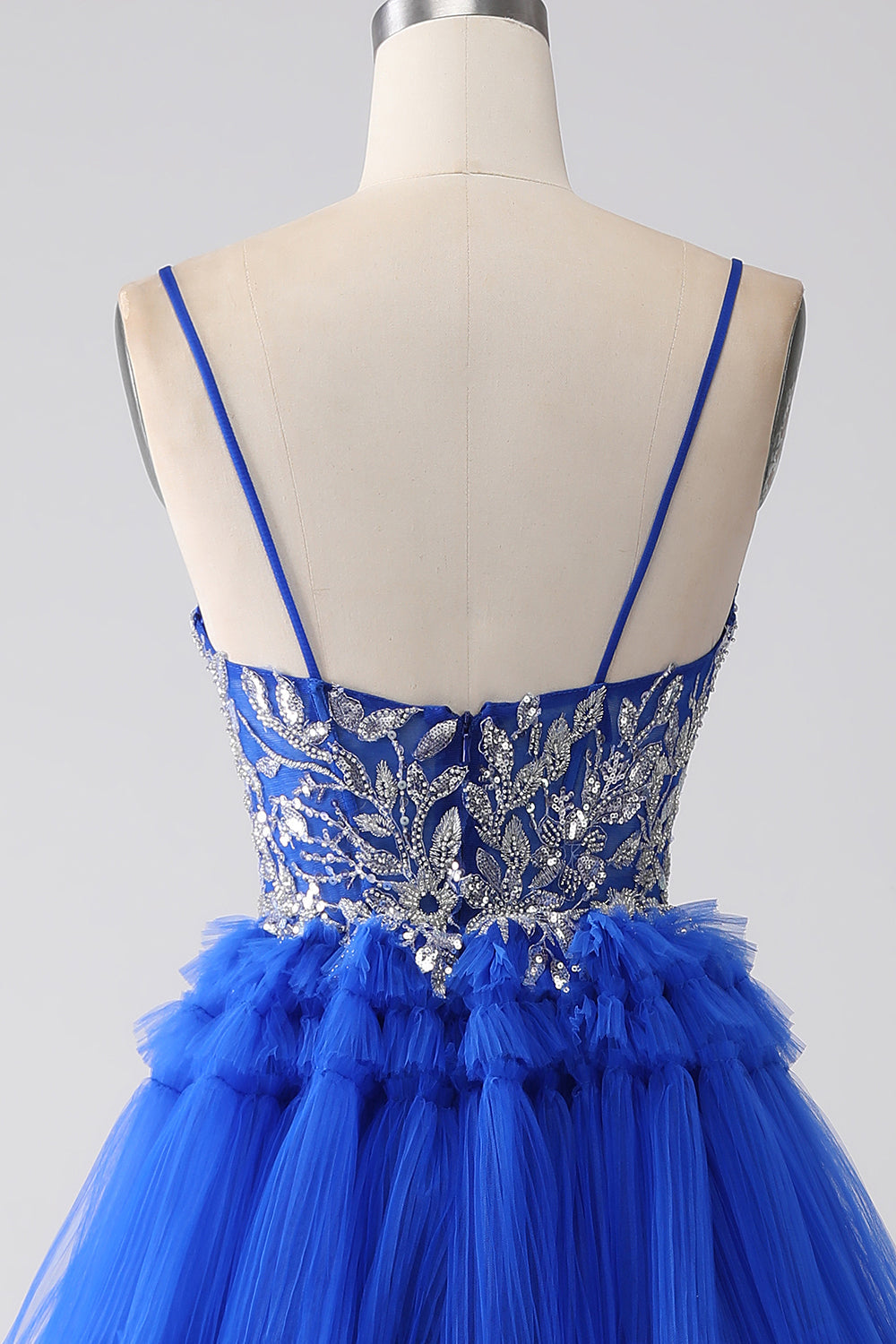 Royal Blue Spaghetti Straps Tiered Prom Dress with Sequins Beautiful