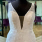 White Appliques Sheer Straps Open Back Mermaid Long Wedding Dress V-neck