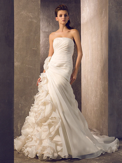 Wedding Dresses Strapless Court Train Organza Sleeveless with Flower Cascading Ruffle