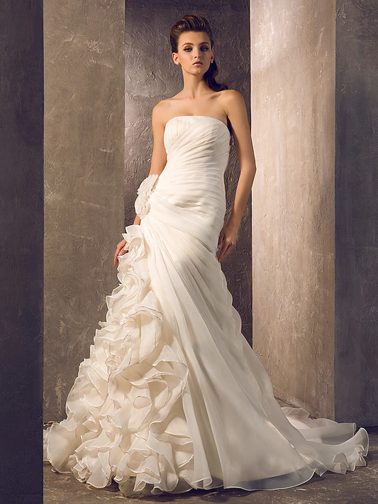 Wedding Dresses Strapless Court Train Organza Sleeveless with Flower Cascading Ruffle