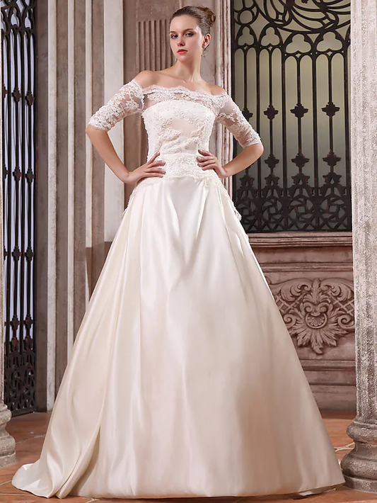 Ball Gown Wedding Dresses Scalloped-Edge Off Shoulder Court Train Satin Half
