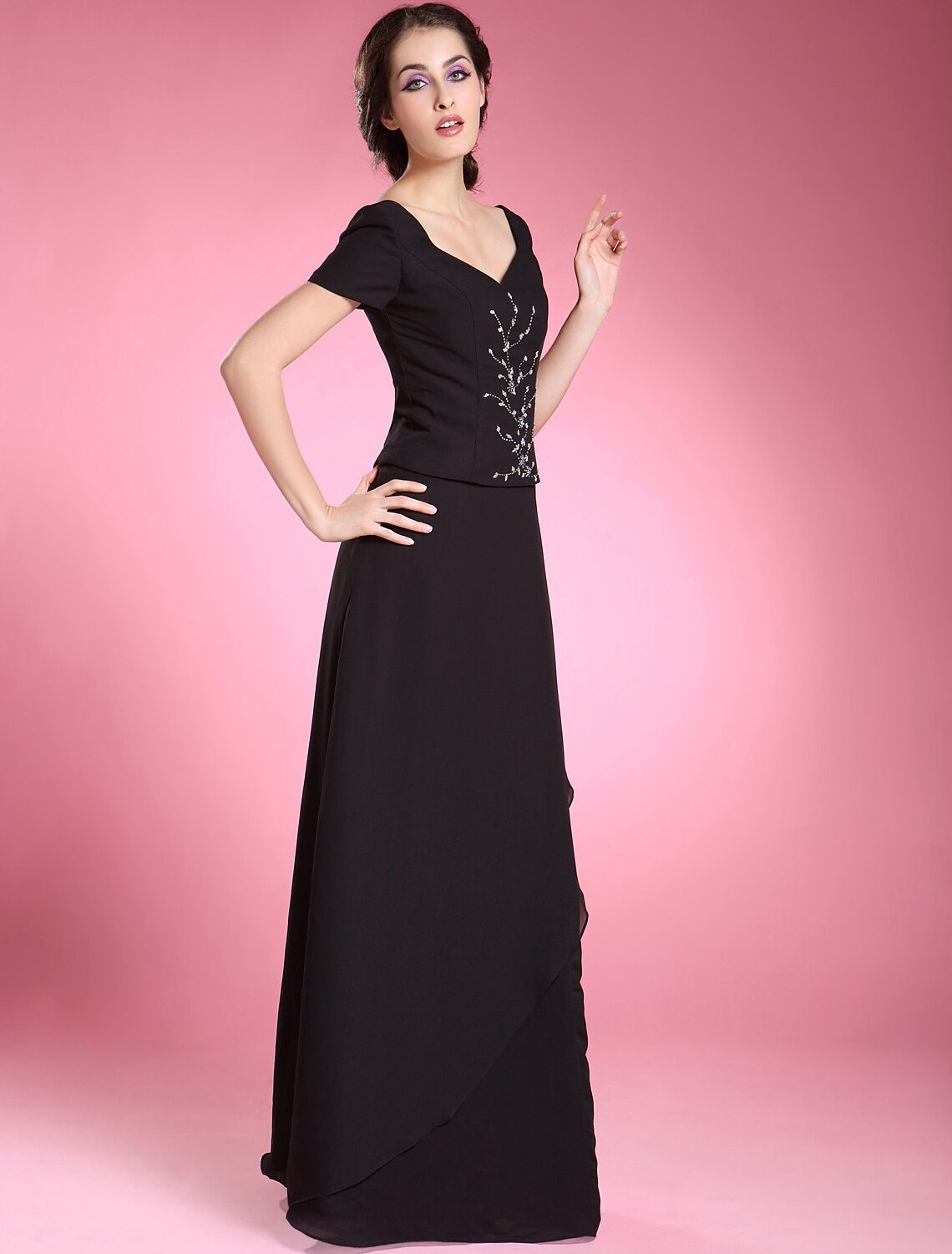 A-Line Dress Formal Evening Floor Length Short Sleeve V Neck Chiffon with Beading