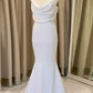 White Blouson Cowl Neck Backless Mermaid Long Wedding Dress Pure Color