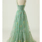 A-Line/Princess Spaghetti Straps Floor-Length Long Prom Floral Dresses With Flowers