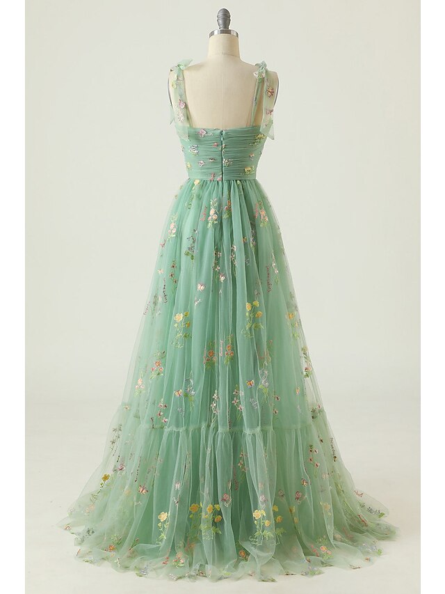 A-Line/Princess Spaghetti Straps Floor-Length Long Prom Floral Dresses With Flowers