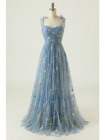 A-Line/Princess Spaghetti Straps Floor-Length Long Prom Floral Dresses With Flowers