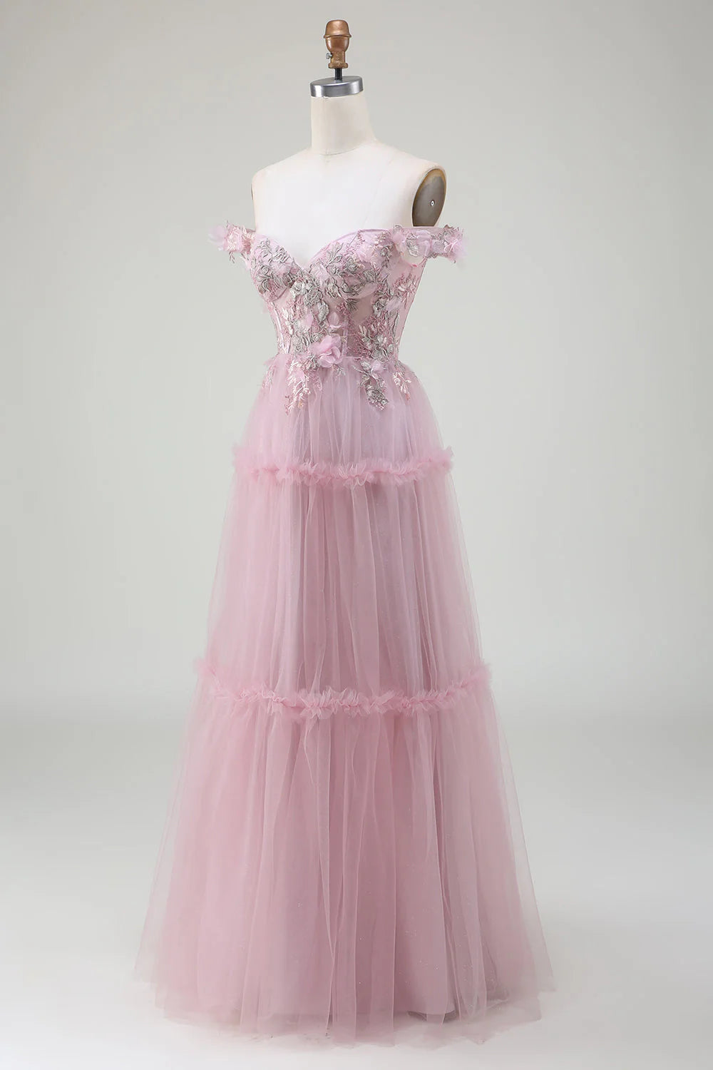 Off the Shoulder Tulle Prom Dress with Appliques Long With Flower