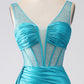 Mermaid V-Neck Sweep Train Pleated Corset Beaded Prom Dress Sexy Long