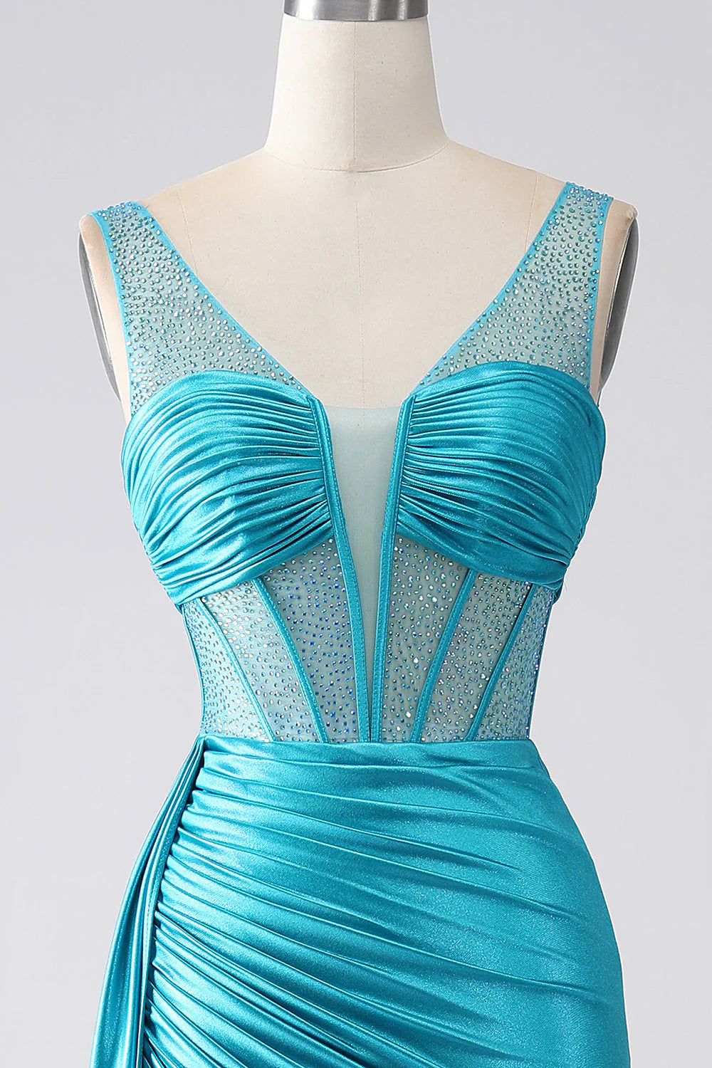 Mermaid V-Neck Sweep Train Pleated Corset Beaded Prom Dress Sexy Long