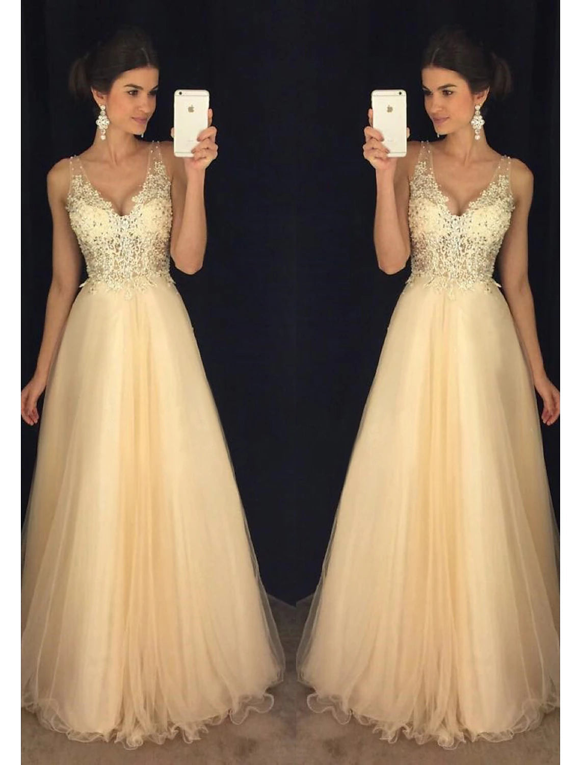 A-Line Prom Dresses Sparkle & Shine Dress Formal Floor Length Sleeveless V Neck Tulle V Back with Beading