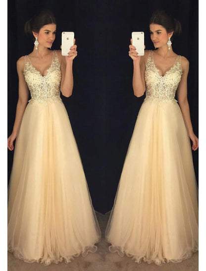 A-Line Prom Dresses Sparkle & Shine Dress Formal Floor Length Sleeveless V Neck Tulle V Back with Beading