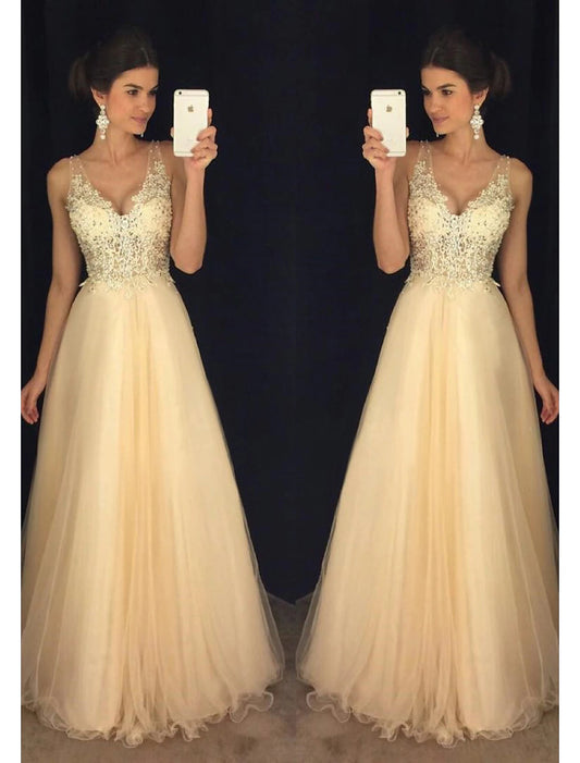 A-Line Prom Dresses Sparkle & Shine Dress Formal Floor Length Sleeveless V Neck Tulle V Back with Beading