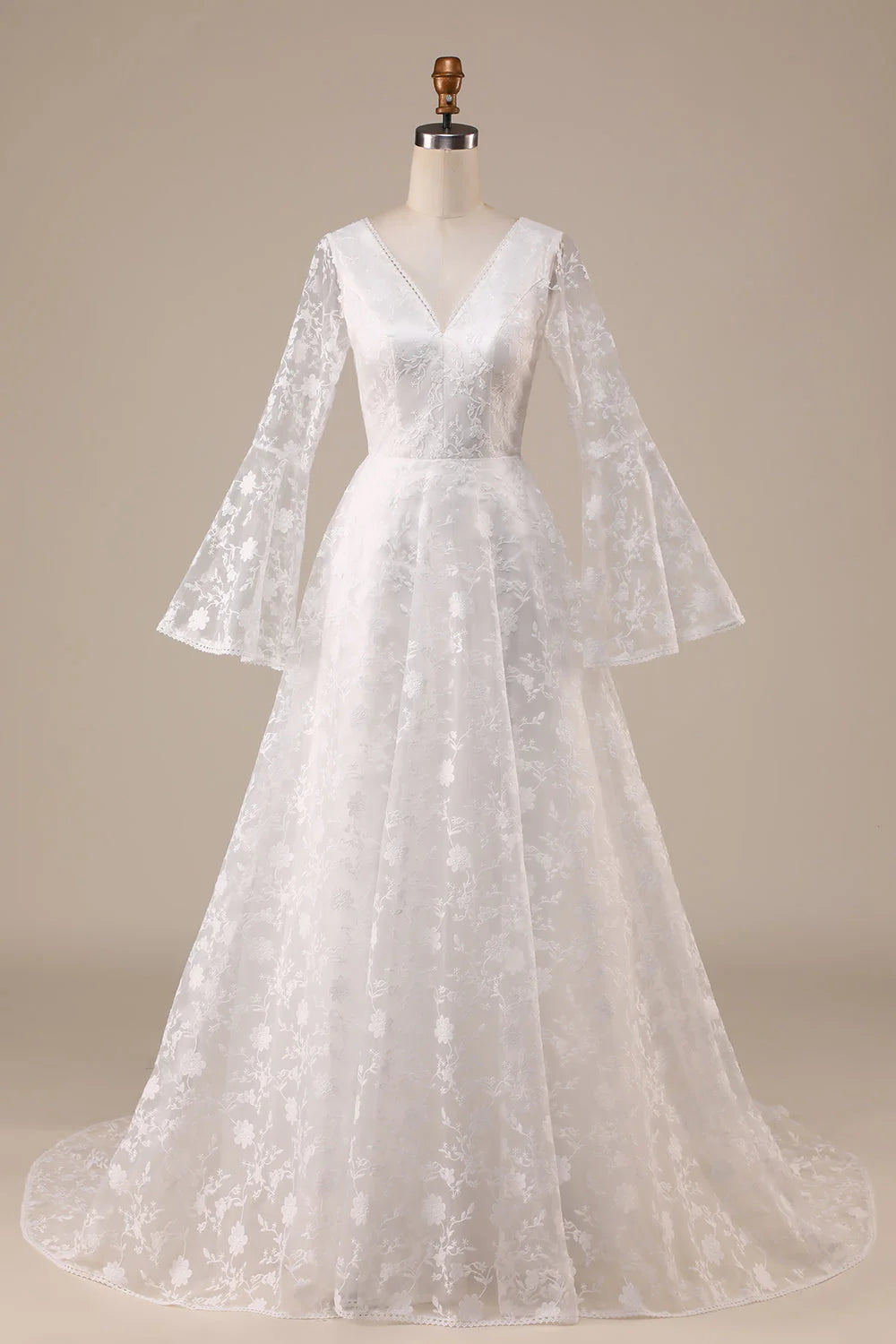 A-Line Wedding Dress Lace Flare Sleeves Beautiful