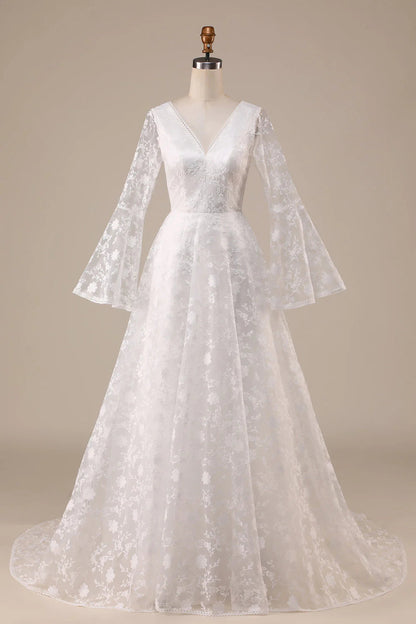 A-Line Wedding Dress Lace Flare Sleeves Beautiful