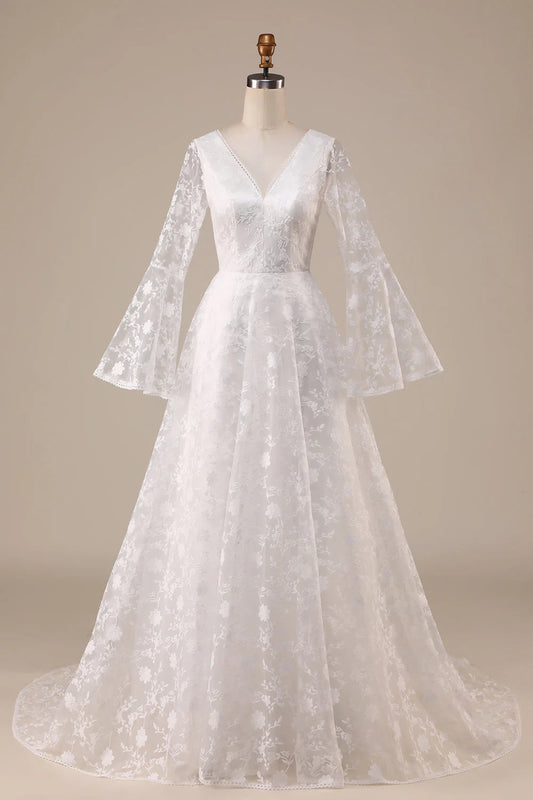 A-Line Wedding Dress Lace Flare Sleeves Beautiful
