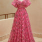 A Line Sweetheart Ruffles Sweep Train Floral Printed Chiffon Prom Dresses Beautiful