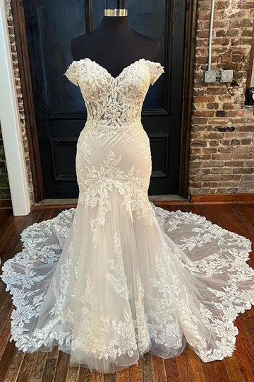 Beige Appliques Off-the-Shoulder Trumpet Long Wedding Dress Beautiful