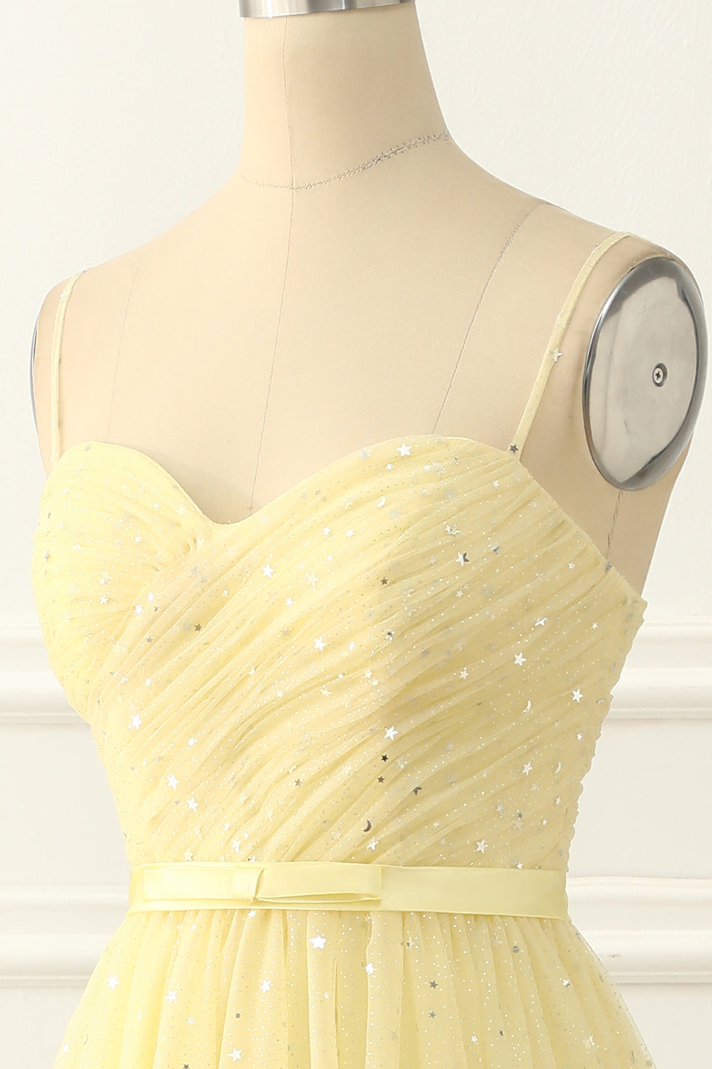 Yellow Tulle Spaghetti Straps Midi Sparkly Prom Dress Short